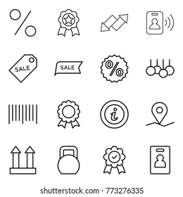 Thin line icon set : percent, medal, up down arrow, pass card, sale label, bar code, info, geo pin, cargo top sign, heavy, identity