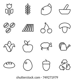 thin line icon set : perishable, spikelets, lemon, mortar, coffee seeds, field, cherry, mushroom, corn, apple, sheep, watering can, bread, egg, acorn, recycling