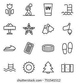thin line icon set : perishable, tourist, uv cream, pool, restaurant, starfish, flippers, golf, jet ski, inflatable mattress, slippers, sun, spruce, clean window