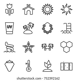 thin line icon set : perishable, bungalow, sun, uv cream, island, hawaiian wreath, pool, aquapark, starfish, palm hammock, honeycombs, berry, thermometer, sprouting, clean window