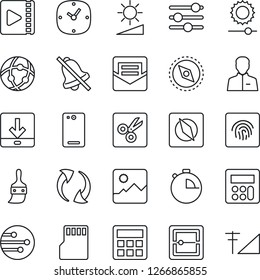 Thin Line Icon Set - phone back vector, update, gallery, tuning, themes, user, calculator, clock, stopwatch, mail, scanner, sd, network, download, mute, brightness, cut, compass, fingerprint id