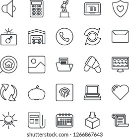 Thin Line Icon Set - phone vector, bomb in case, pedestal, notebook pc, pumpkin, heart, monitor pulse, pills, shield, package, news, speaker, update, gallery, fingerprint id, document folder, mail