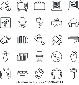 Thin Line Icon Set - phone vector, office chair, case, abacus, desk, fence, glove, real heart, satellite, cargo container, tulip, tv, headphones, cut, cushioned furniture, restaurant table, ham, tie