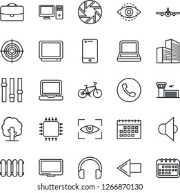 Thin Line Icon Set - phone vector, left arrow, plane, airport building, tree, bike, speaker, settings, tv, cell, headphones, monitor, laptop pc, mobile camera, eye id, calendar, case, office, target