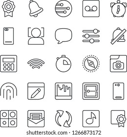 Thin Line Icon Set - phone back vector, message, update, tuning, calculator, alarm, stopwatch, bell, mail, record, scanner, network, notes, wireless, mute, compass, face id, fingerprint, music