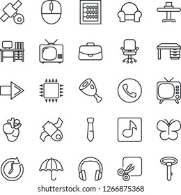 Thin Line Icon Set - phone vector, right arrow, office chair, case, mouse, desk, butterfly, real heart, satellite, umbrella, tv, headphones, cut, music, abacus, tie, cushioned furniture, ham, chip
