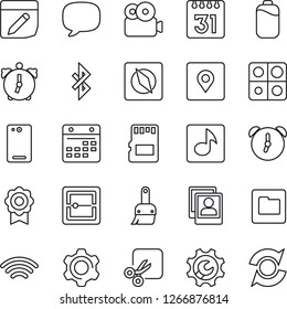 Thin Line Icon Set - phone back vector, message, settings, themes, alarm, scanner, sd, folder, calendar, notes, wireless, cut, bluetooth, place tag, compass, music, video, photo gallery, battery