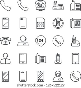 Thin Line Icon Set - phone vector, no mobile, office, 24 hours, support, cell, radio, back, call, sim