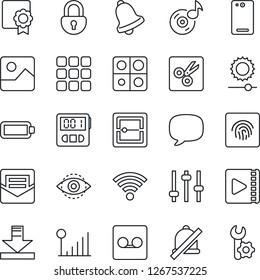 Thin Line Icon Set - phone back vector, menu, message, gallery, tuning, stopwatch, bell, mail, record, scanner, download, wireless, mute, brightness, cut, lock, eye id, fingerprint, music, video