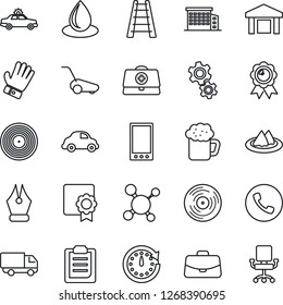 Thin Line Icon Set - phone vector, alarm car, case, medal, ladder, glove, lawn mower, water drop, doctor, molecule, delivery, warehouse, vinyl, mobile, sertificate, clipboard, ink pen, serviette