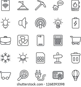 Thin Line Icon Set - phone back vector, sim, power plug, fan, water heater, wireless, snowflake, bulb, sound, trash bin, pass card, battery, alarm led, home message, consumer search, motivation