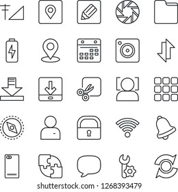 Thin Line Icon Set - phone back vector, menu, message, mobile camera, user, bell, folder, calendar, notes, data exchange, download, wireless, cut, place tag, compass, lock, face id, cellular signal