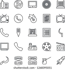 Thin Line Icon Set - phone vector, tv, abacus, sickle, plant label, reel, vinyl, flame disk, radio, call, office, open close, turkish coffee, rocket