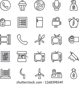 Thin Line Icon Set - phone vector, tv, abacus, money bag, well, sickle, film frame, vinyl, video camera, microphone, call, alarm, office, rolling pin, outdoor lamp, fridge, windmill