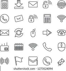 Thin Line Icon Set - phone vector, right arrow, mail, mouse, calendar, call, download, wireless, update, calculator, lock, flag