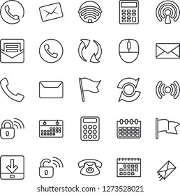 Thin Line Icon Set - phone vector, mail, mouse, calendar, call, update, download, calculator, wireless, lock, flag