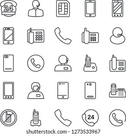 Thin Line Icon Set - phone vector, no mobile, office, 24 hours, support, cell, radio, back, call, sim