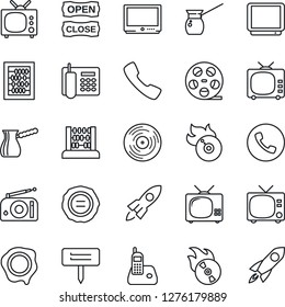 Thin Line Icon Set - phone vector, tv, abacus, stamp, plant label, reel, vinyl, flame disk, radio, call, office, open close, turkish coffee, rocket