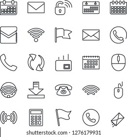 Thin Line Icon Set - phone vector, mail, mouse, calendar, call, update, download, wireless, calculator, lock, flag
