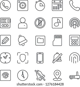 Thin Line Icon Set - phone vector, no mobile, call, camera, user, calculator, clock, stopwatch, bell, sd, folder, calendar, notes, mute, place tag, face id, fingerprint, music, wireless, router