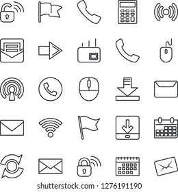 Thin Line Icon Set - phone vector, right arrow, mail, mouse, calendar, call, download, wireless, update, calculator, lock, flag