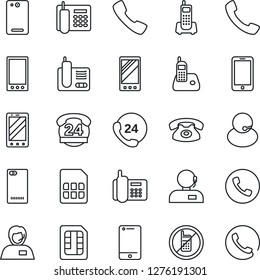 Thin Line Icon Set - phone vector, no mobile, office, 24 hours, support, cell, radio, back, call, sim