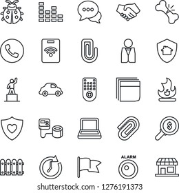 Thin Line Icon Set - phone vector, pedestal, lady bug, fire, blood pressure, heart shield, broken bone, car delivery, equalizer, remote control, dialog, paper clip, blank box, notebook pc, fence