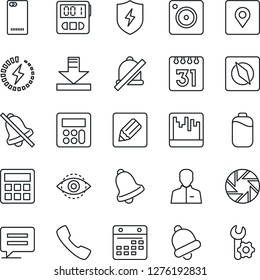 Thin Line Icon Set - phone back vector, call, message, mobile camera, protect, user, calculator, stopwatch, bell, scanner, calendar, notes, download, mute, place tag, compass, eye id, battery