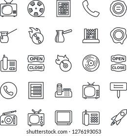 Thin Line Icon Set - phone vector, abacus, stamp, plant label, reel, vinyl, flame disk, radio, tv, call, office, open close, turkish coffee, rocket