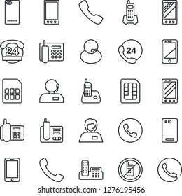 Thin Line Icon Set - phone vector, no mobile, office, 24 hours, support, cell, radio, back, call, sim