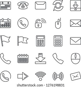 Thin Line Icon Set - phone vector, right arrow, mail, mouse, calendar, call, download, update, calculator, wireless, lock, flag