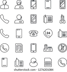Thin Line Icon Set - phone vector, no mobile, office, 24 hours, support, cell, radio, back, call, sim
