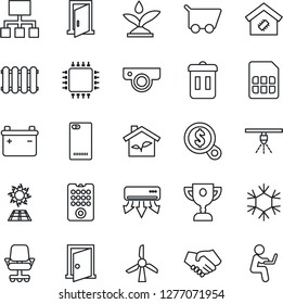 Thin Line Icon Set - phone back vector, sim, smart home, chip, eco house, remote control, irrigation, web camera, snowflake, air conditioner, radiator, trash bin, sun panel, door, windmill, battery