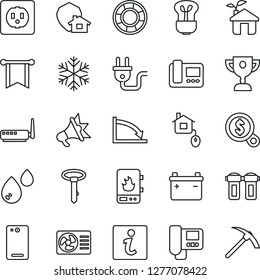 Thin Line Icon Set - phone back vector, home control, eco house, socket, power plug, water heater, router, snowflake, air conditioner, intercome, filter, bulb, protect, information, battery, pennon