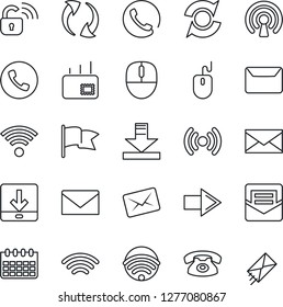 Thin Line Icon Set - phone vector, right arrow, mail, mouse, calendar, update, download, wireless, lock, flag