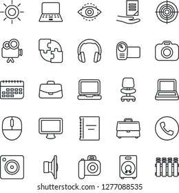 Thin Line Icon Set - phone vector, office chair, case, mouse, notebook pc, document, sun, term, camera, speaker, video, headphones, monitor, laptop, mobile, eye id, application, copybook, target