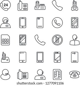 Thin Line Icon Set - phone vector, no mobile, office, 24 hours, support, cell, radio, back, call, sim