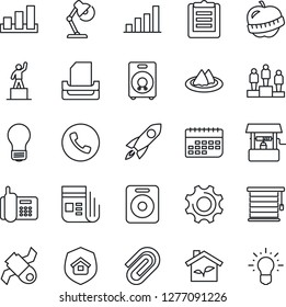 Thin Line Icon Set - phone vector, pedestal, bulb, well, diet, satellite, office, term, clipboard, sorting, news, speaker, settings, paper clip, bar graph, desk lamp, tray, estate insurance, rocket