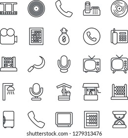 Thin Line Icon Set - phone vector, tv, abacus, well, sickle, film frame, vinyl, video camera, microphone, call, office, outdoor lamp, fridge, money bag, sand clock