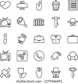 Thin Line Icon Set - phone vector, case, mouse, tie, fence, glove, butterfly, garden light, real heart, satellite, tulip, cut, abacus, office chair, cushioned furniture, tv, restaurant table, ham