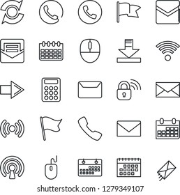 Thin Line Icon Set - phone vector, right arrow, mail, mouse, calendar, call, download, update, calculator, wireless, lock, flag
