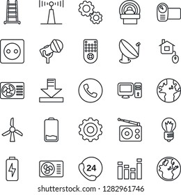 Thin Line Icon Set - phone vector, gear, bulb, ladder, tomography, earth, 24 hours, satellite antenna, microphone, radio, equalizer, video camera, remote control, low battery, download, charge, home