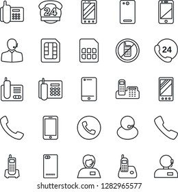 Thin Line Icon Set - phone vector, no mobile, office, 24 hours, support, cell, radio, back, call, sim