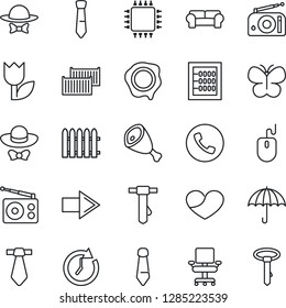 Thin Line Icon Set - phone vector, right arrow, mouse, tie, stamp, fence, butterfly, cargo container, umbrella, tulip, radio, heart, abacus, office chair, cushioned furniture, dress code, ham, chip