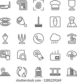 Thin Line Icon Set - phone vector, male, pennant, ripper, rake, rain, well, navigation, fragile, film frame, touch screen, update, document search, mail, city house, cook, hat, plates, candle, ham