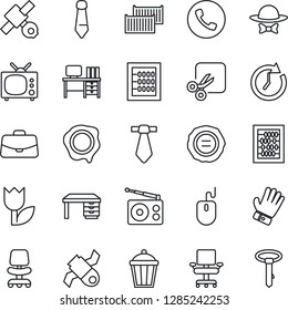 Thin Line Icon Set - phone vector, office chair, case, abacus, mouse, desk, tie, stamp, glove, garden light, satellite, cargo container, tulip, radio, cut, tv, dress code, clock