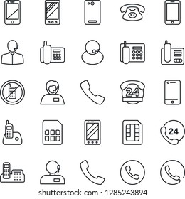 Thin Line Icon Set - phone vector, no mobile, office, 24 hours, support, cell, radio, back, call, sim