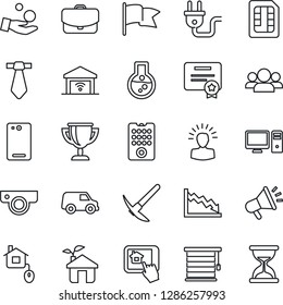 Thin Line Icon Set - phone back vector, sim, home control, eco house, power plug, remote, web camera, pc, app, jalousie, garage gate, group, shining head, crisis, investment, flask, flag, case, car