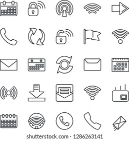 Thin Line Icon Set - phone vector, right arrow, mail, calendar, call, update, download, wireless, lock, flag