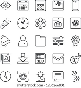 Thin Line Icon Set - phone back vector, message, settings, tuning, user, calculator, clock, stopwatch, bell, mail, scanner, folder, calendar, download, torch, brightness, eye id, fingerprint, music